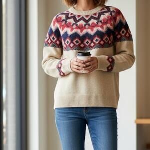 Old Navy Crew Neck Fair Isle Sweater Beige Navy Blue Pink Colorful Women Size L